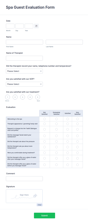 Spa Guest Evaluation Form Template