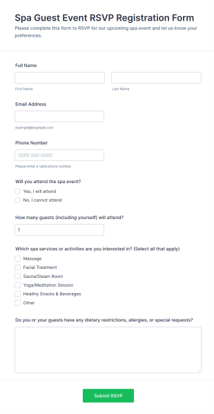 Spa Guest Event RSVP Registration Form Template