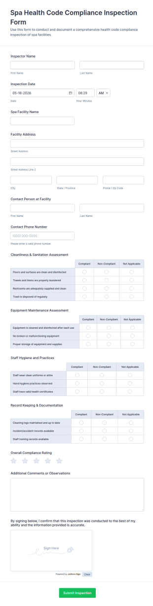 Spa Health Code Compliance Inspection Form Template