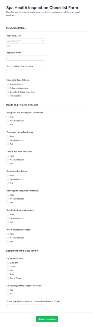 Spa Health Inspection Checklist Form Template