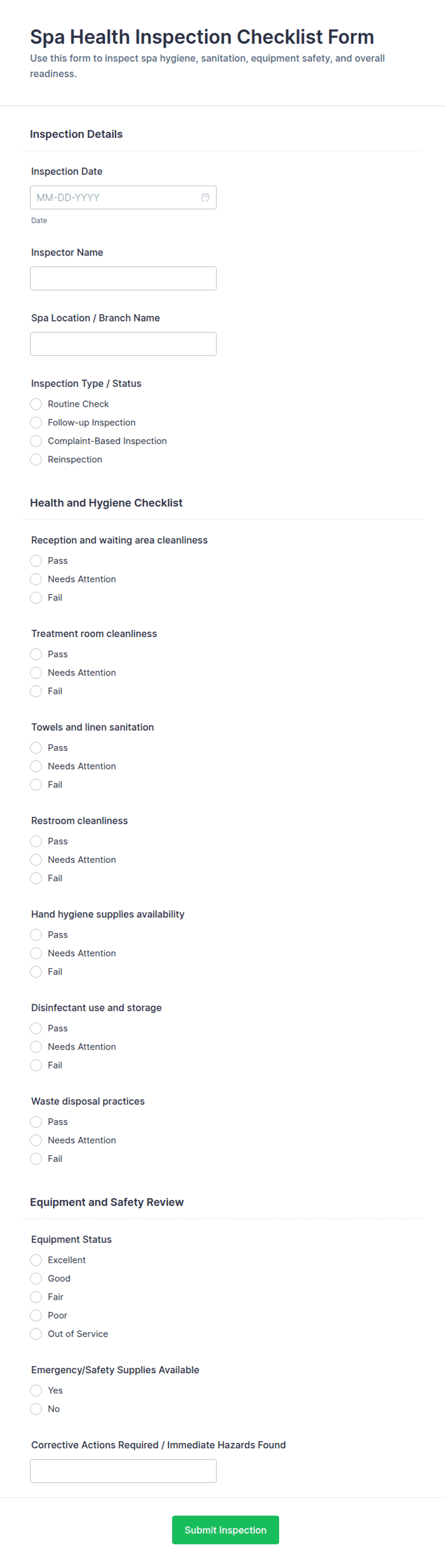 Spa Health Inspection Checklist Form Template | Jotform