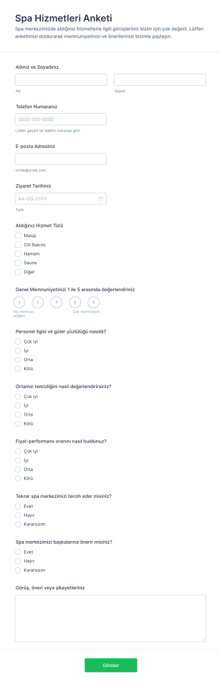 Spa Hizmetleri Anketi Form Şablonu