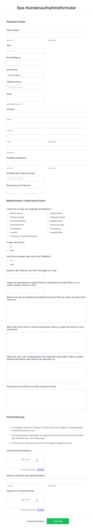 Spa Kundenaufnahmeformular Form Template