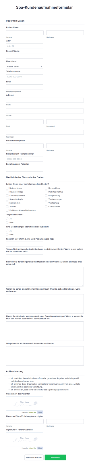 Spa Kundenaufnahmeformular