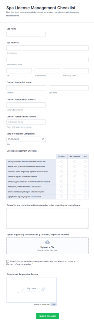 Spa License Management Checklist Form Template