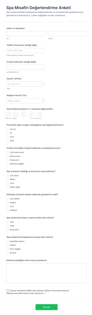Spa Misafiri Değerlendirme Anketi Form Şablonu