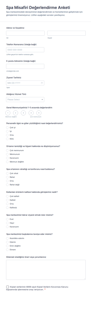 Spa Misafiri Değerlendirme Anketi Form Şablonu