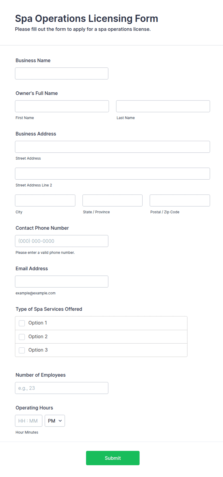 Spa Operations Licensing Form Template | Jotform