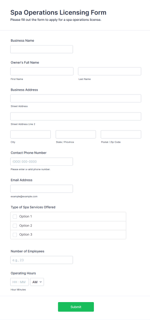 Spa Operations Licensing Form Template