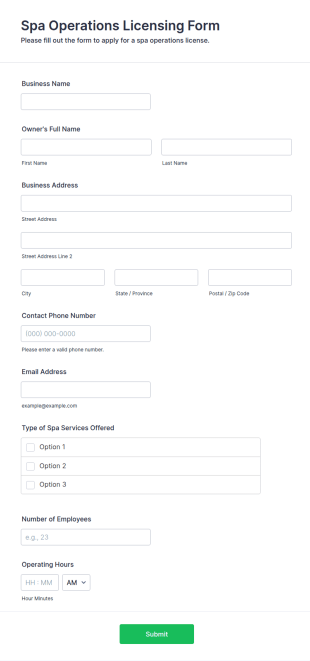 Spa Operations Licensing Form Template
