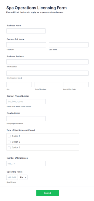 Spa Operations Licensing Form Template