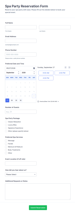 Spa Party Reservation Form Template