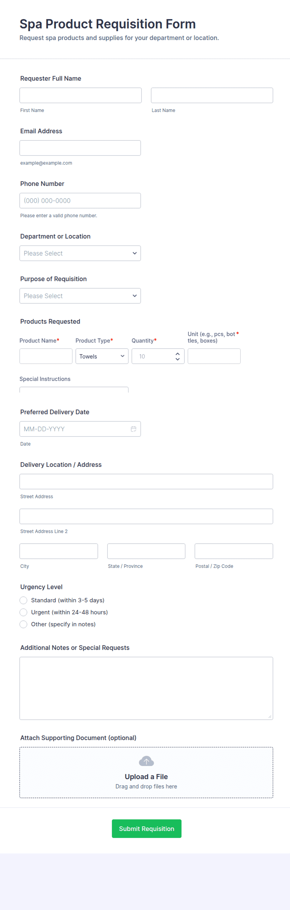 Spa Product Requisition Form Template | Jotform