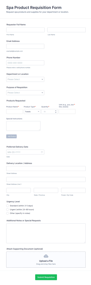 Spa Product Requisition Form Template