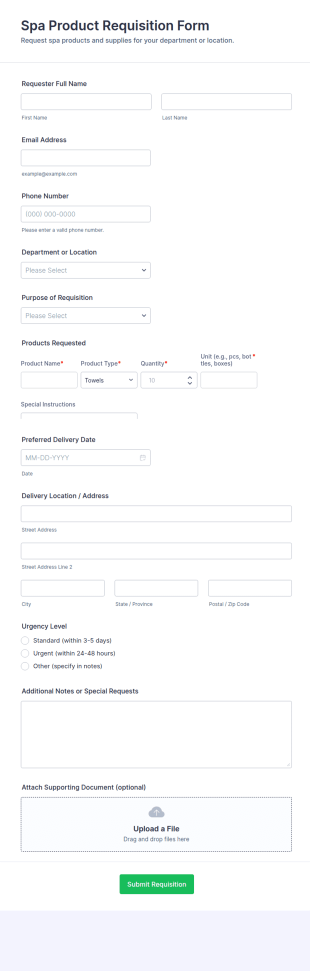 Spa Product Requisition Form Template