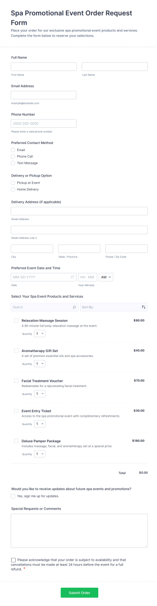 Spa Promotional Event Order Request Form Template