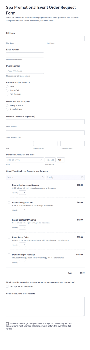 Spa Promotional Event Order Request Form Template