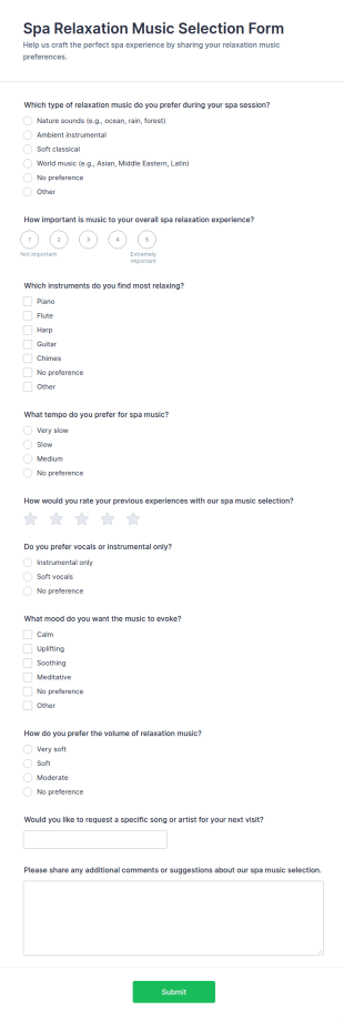 Spa Relaxation Music Selection Survey Form Template