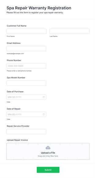 Spa Repair Warranty Registration Form Template