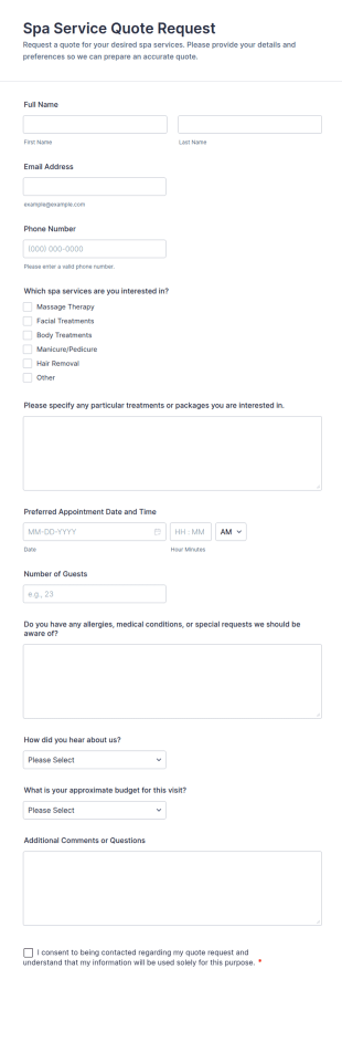 Spa Service Quote Request Form Template