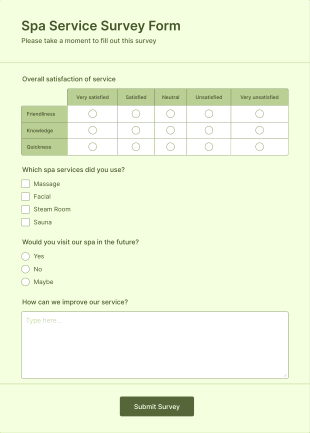 Spa Service Survey Form Template