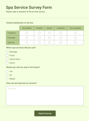 Spa Service Survey Form Template