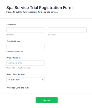 Spa Service Trial Registration Form Template
