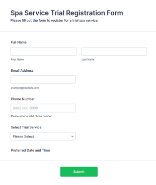 Spa Service Trial Registration Form Template