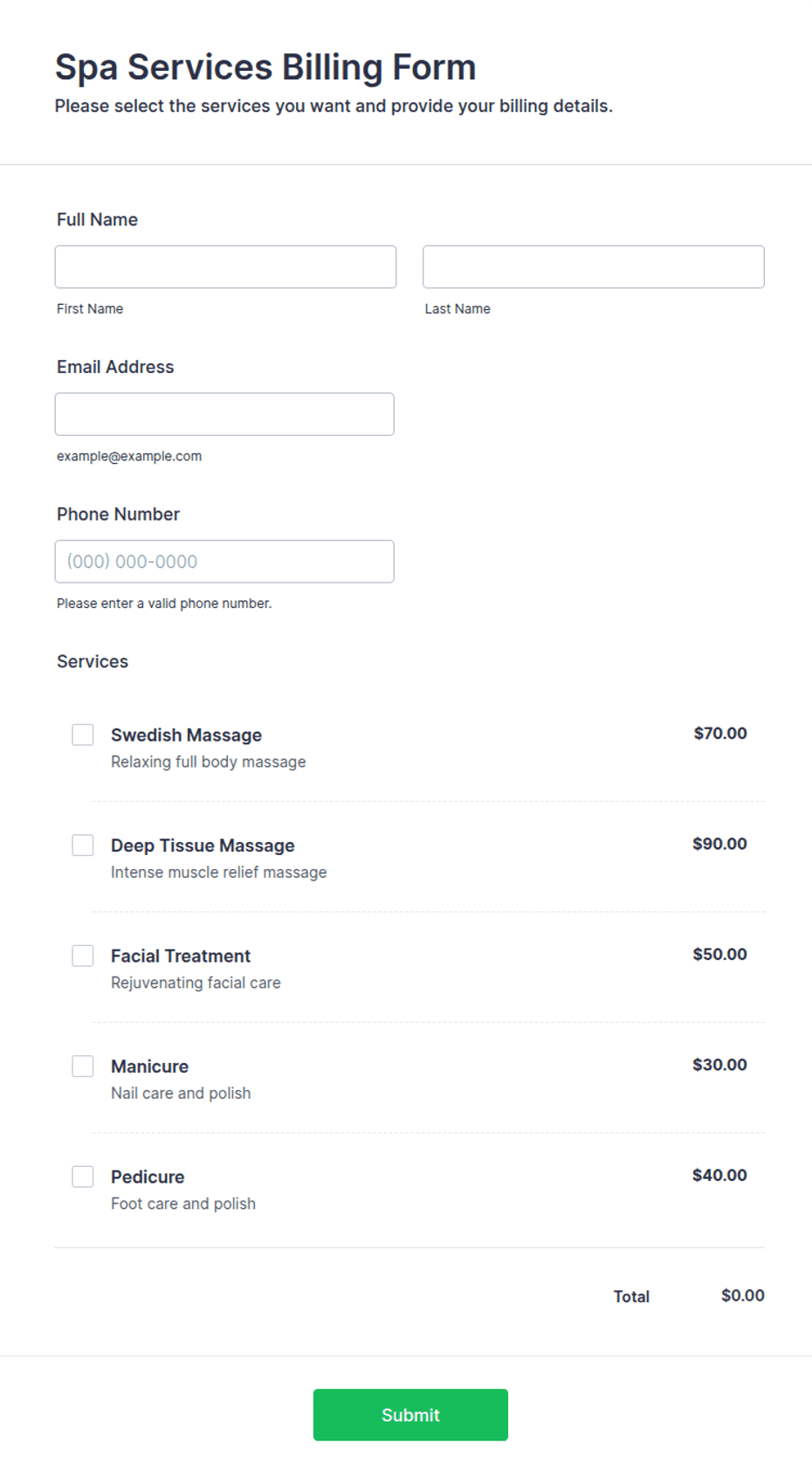Service Bill Form Spa Services Billing Form Template | Jotform