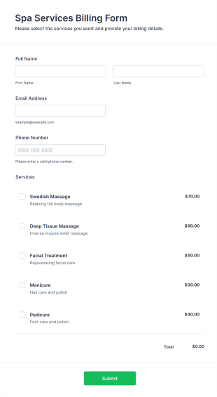 Spa Services Billing Form Template
