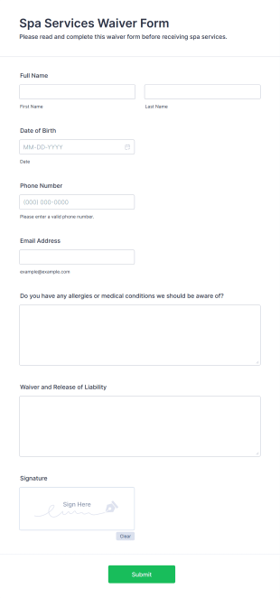 Spa Services Waiver Form Template