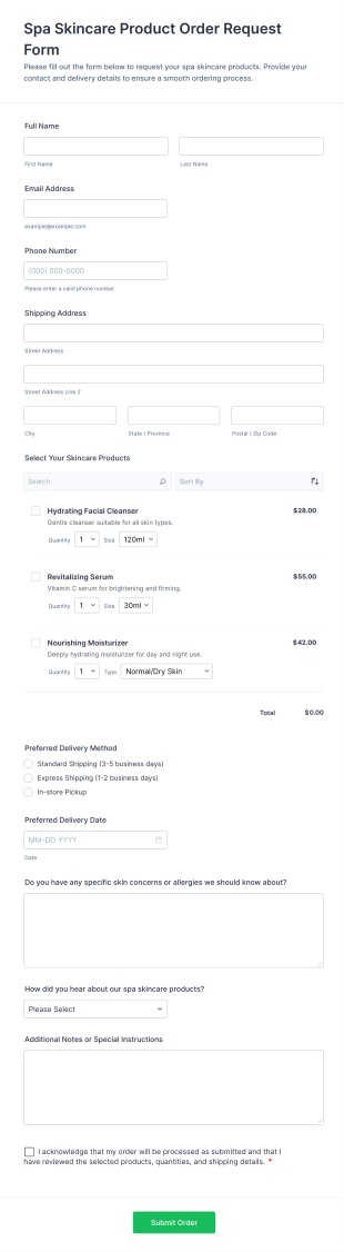Spa Skincare Product Order Request Form Template