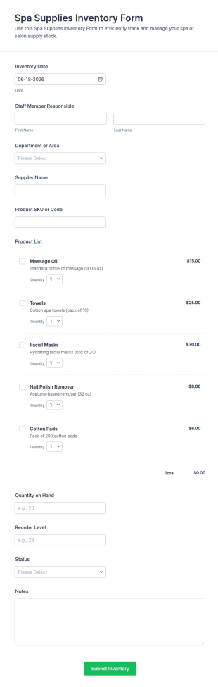 Spa Supplies Inventory Form Template