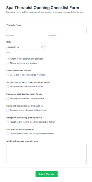Spa Therapist Opening Checklist Form Template