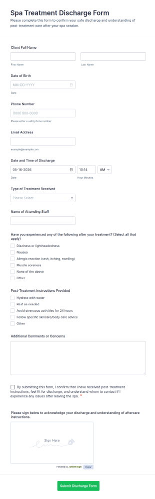 Spa Treatment Discharge Form Template