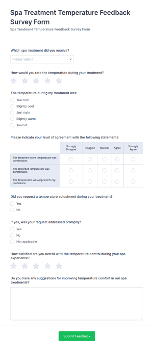 Spa Treatment Temperature Feedback Form Template