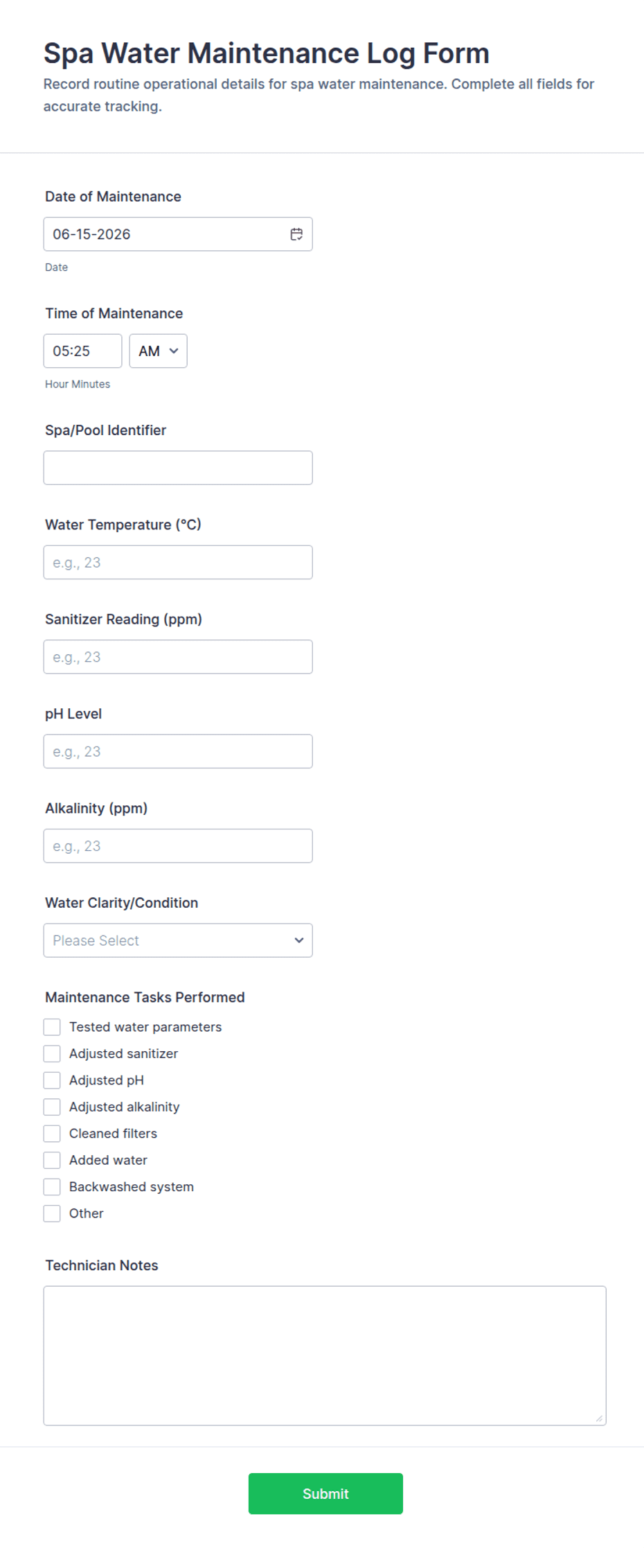 Spa Water Maintenance Log Form Template | Jotform