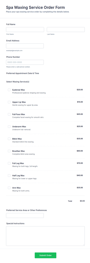 Spa Waxing Service Order Form Template