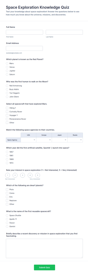 Space Exploration Knowledge Quiz Form Template