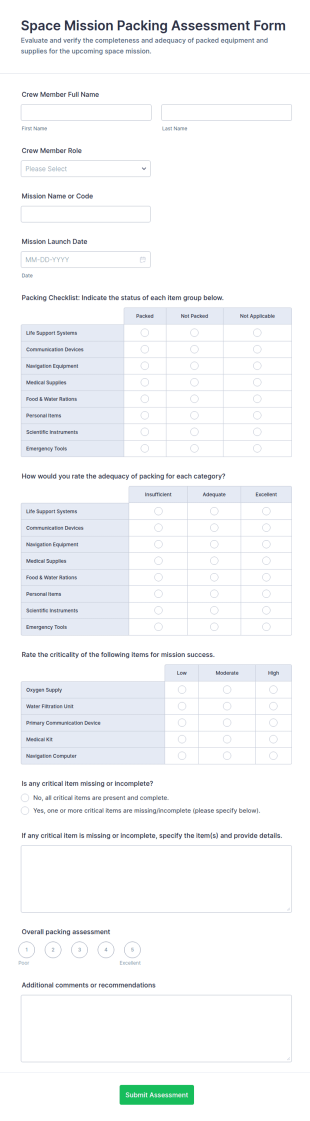 Space Mission Packing Assessment Form Template