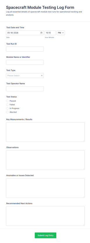 Spacecraft Module Testing Log Form Template