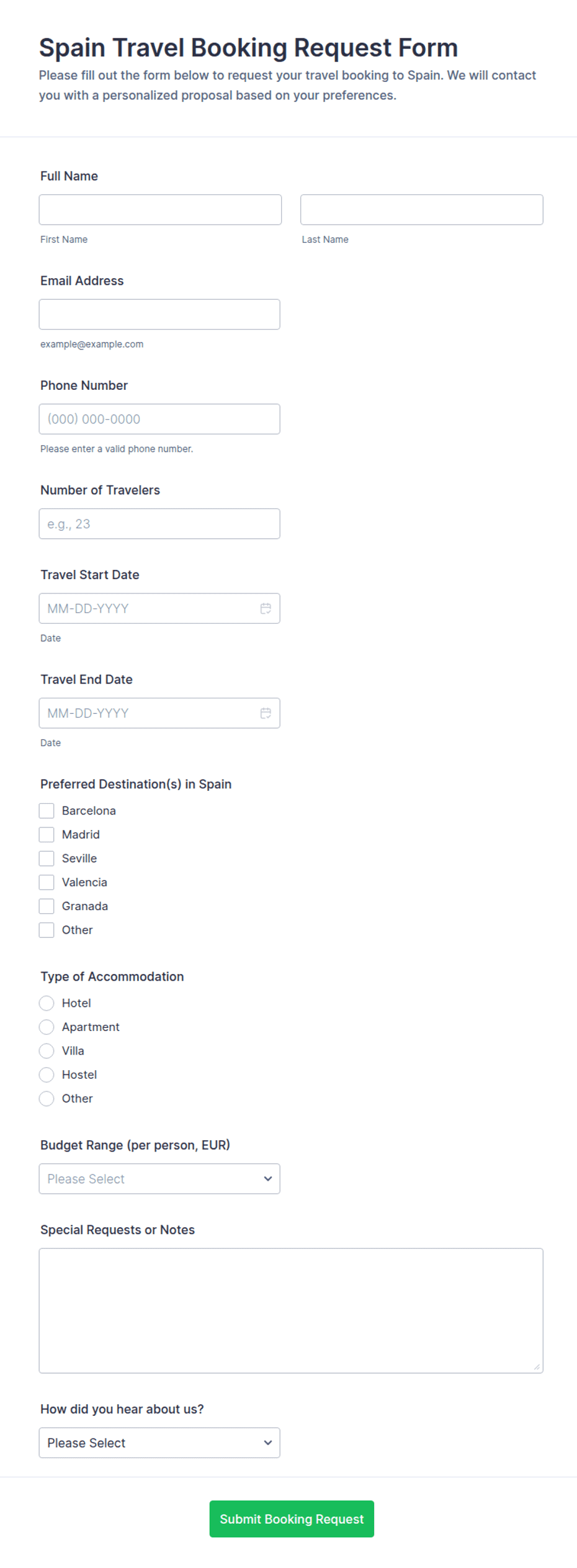 Spain Travel Booking Request Form Template | Jotform