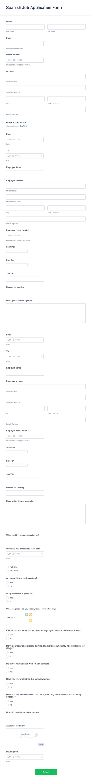 Spanish Job Application Form Template