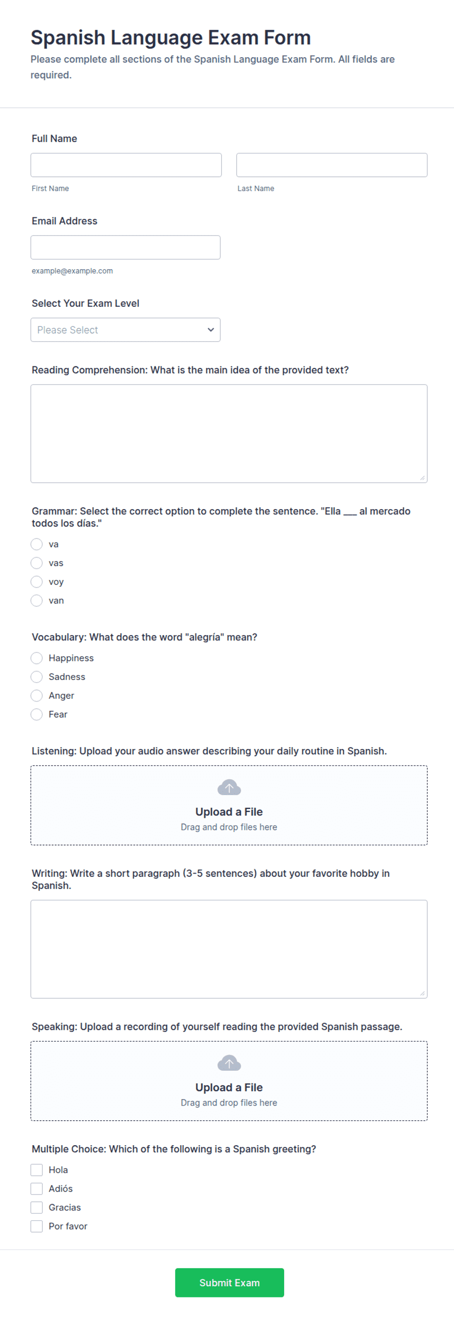 Spanish Language Exam Form Template | Jotform