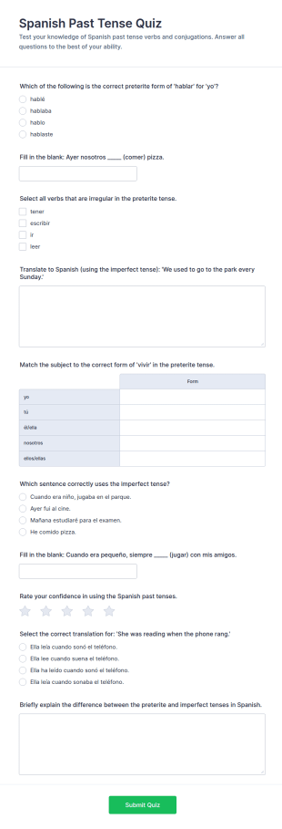Spanish Past Tense Quiz Form Template