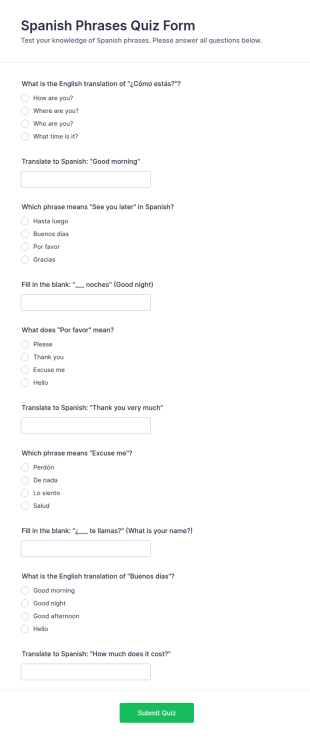 Spanish Phrases Quiz Form Template