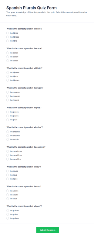 Spanish Plurals Quiz Form Template