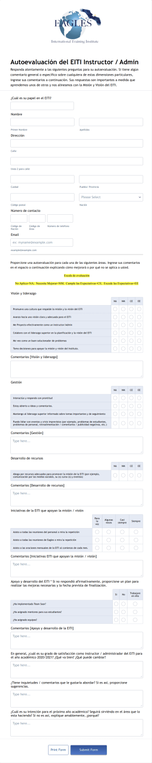 Spanish Staff Self Evaluation Form Template