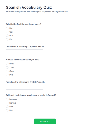 Spanish Vocabulary Quiz Form Template