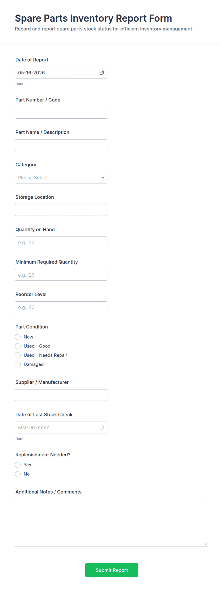Spare Parts Inventory Report Form Template | Jotform